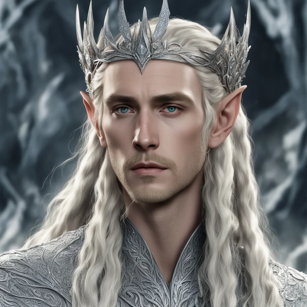 king thranduil with blond hair and braids wearing silver elvish circlet heavily encrusted with diamonds