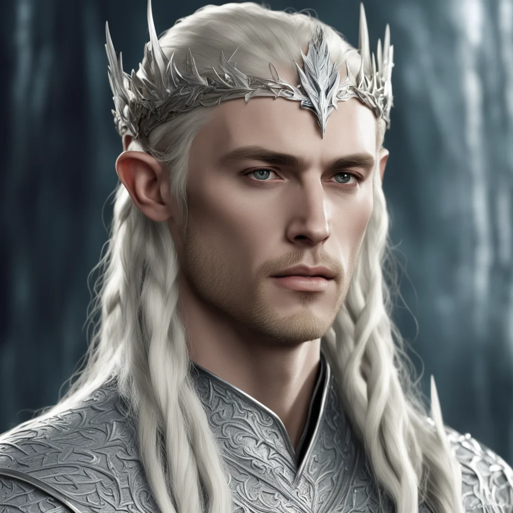 king thranduil with blond hair and braids wearing silver elvish circlet of silver laurel leaf and large diamonds 