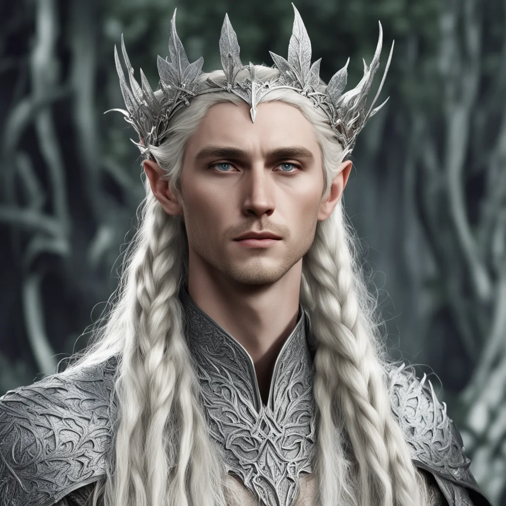 king thranduil with blond hair and braids wearing silver elvish circlet with silver oak leaves encrusted with diamonds with large center diamond confident engaging wow artstation art 3