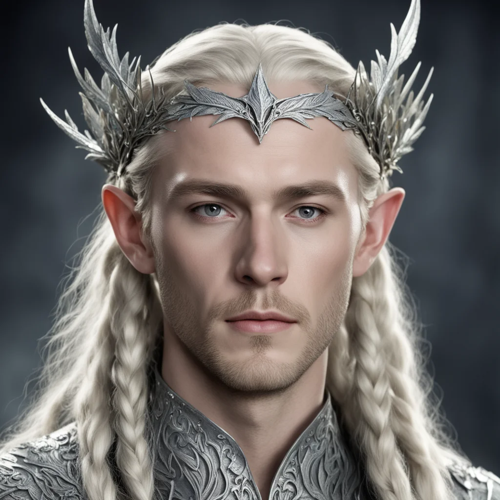 king thranduil with blond hair and braids wearing silver elvish circlet with silver oak leaves encrusted with diamonds with large center diamond good looking trending fantastic 1
