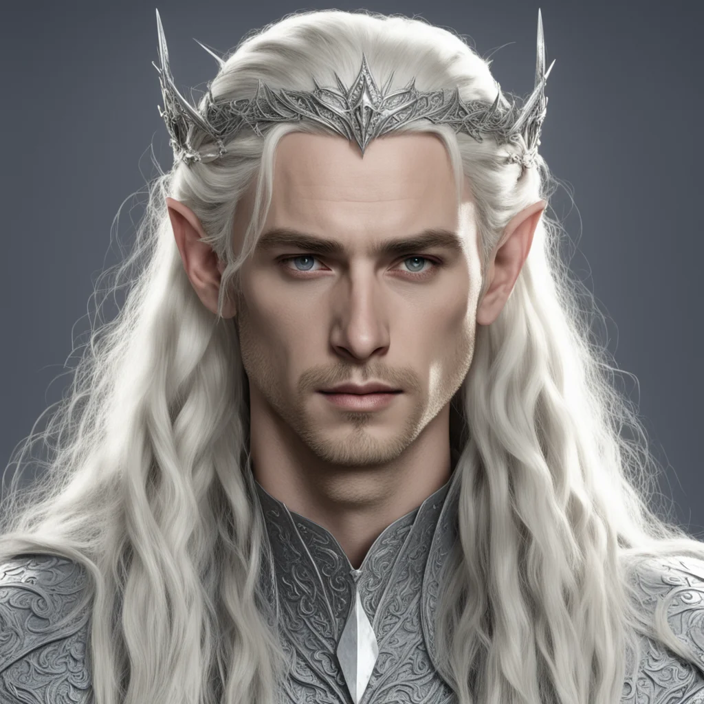 king thranduil with blond hair and braids wearing silver elvish circlet with silver rosettes studded with diamonds with large center diamond confident engaging wow artstation art 3