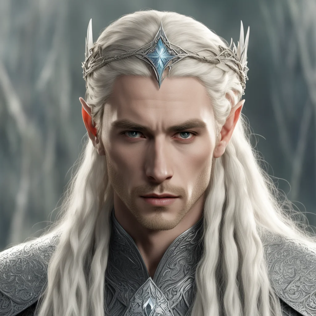 king thranduil with blond hair and braids wearing silver elvish circlet with string on diamonds with large middle diamond good looking trending fantastic 1