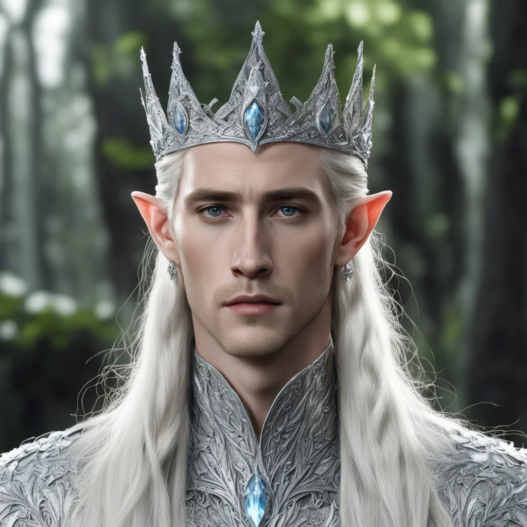 king thranduil with blond hair and braids wearing silver elvish coronet comprised on small silver leaves encrusted with diamonds with large center diamond amazing awesome portrait 2
