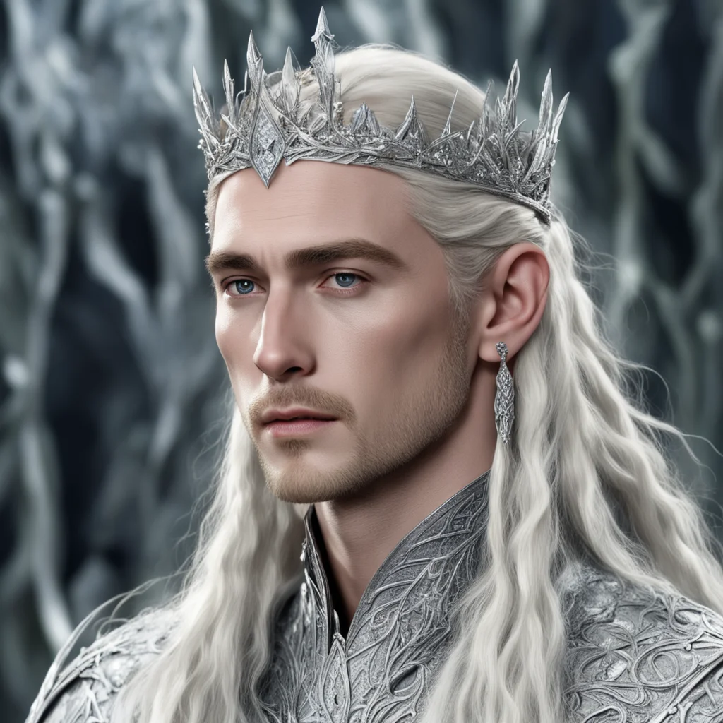 king thranduil with blond hair and braids wearing silver elvish coronet comprised on small silver leaves encrusted with diamonds with large center diamond good looking trending fantastic 1