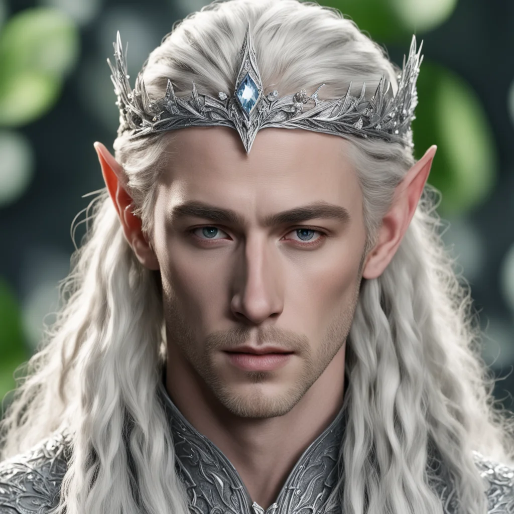 king thranduil with blond hair and braids wearing silver elvish coronet comprised on small silver leaves encrusted with diamonds with large center diamond