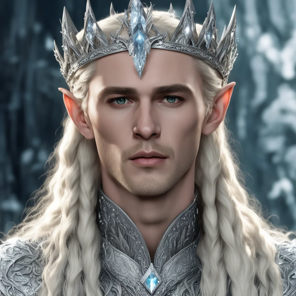 king thranduil with blond hair and braids wearing silver elvish coronet encrusted with large diamonds with large center diamond good looking trending fantastic 1