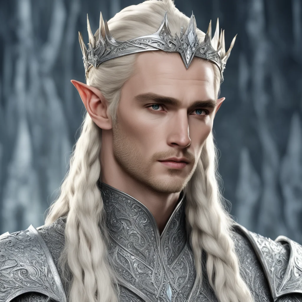 king thranduil with blond hair and braids wearing silver elvish coronet encrusted with large diamonds with large center diamond