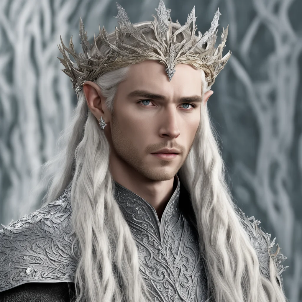 king thranduil with blond hair and braids wearing silver elvish coronet with silver oak leaves encrusted with large diamonds with large center diamond confident engaging wow artstation art 3
