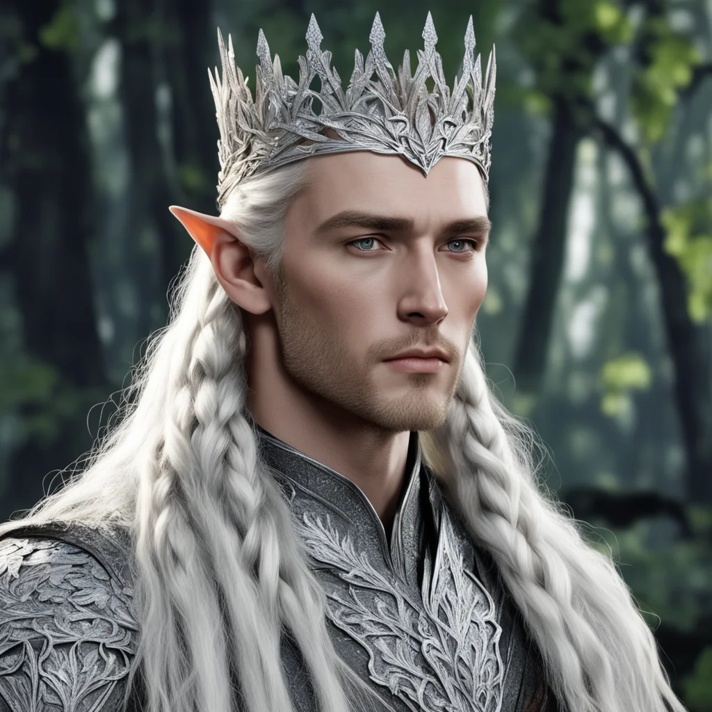 king thranduil with blond hair and braids wearing silver elvish coronet with silver oak leaves encrusted with large diamonds with large center diamond good looking trending fantastic 1