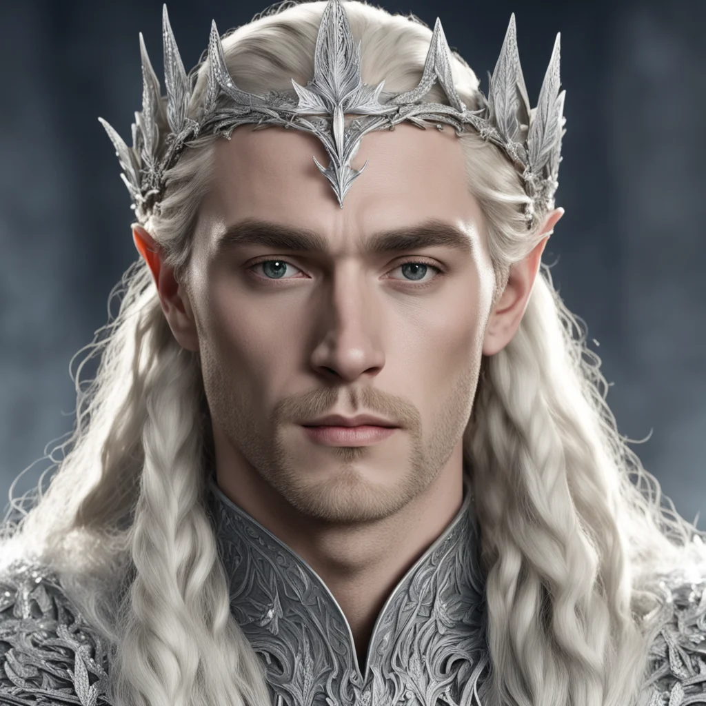 king thranduil with blond hair and braids wearing silver elvish coronet with silver oak leaves encrusted with large diamonds with large center diamond