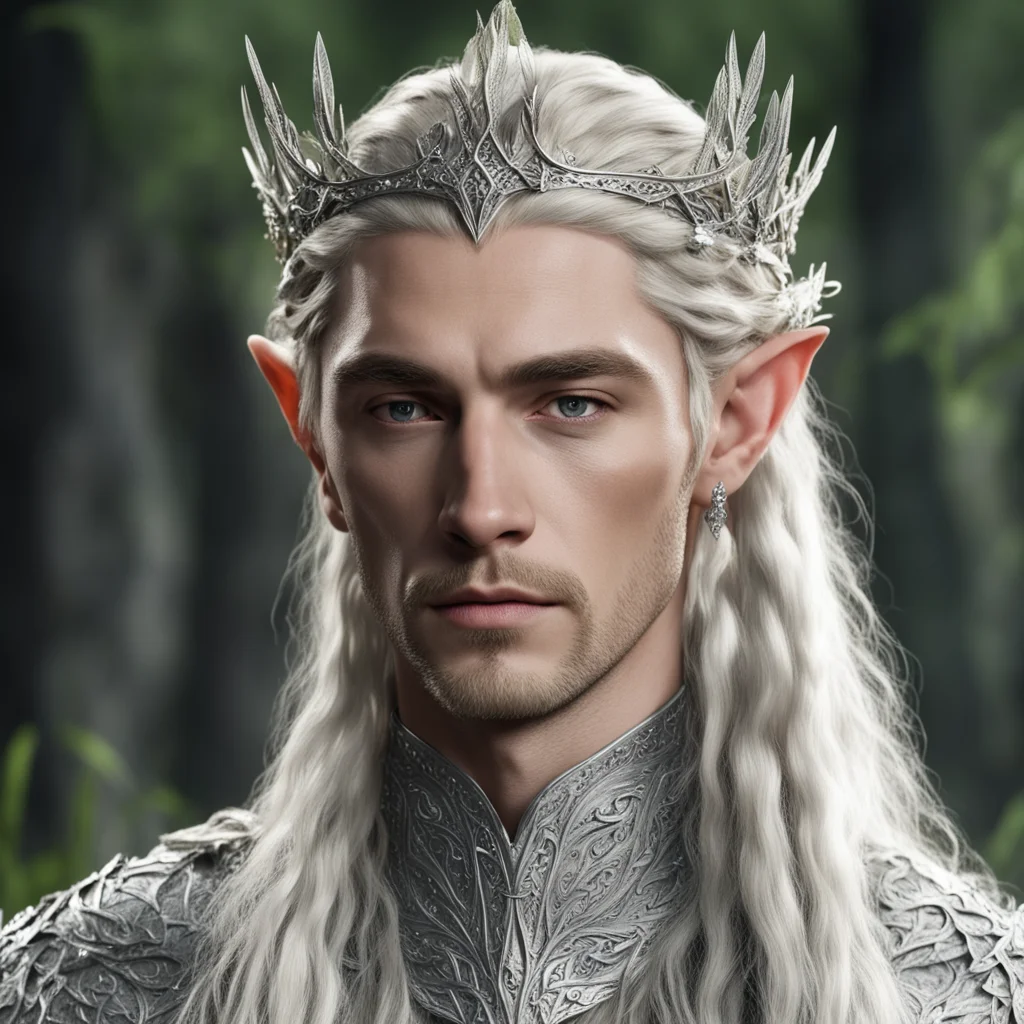 king thranduil with blond hair and braids wearing silver elvish coronet with silver olive leaf encrusted with diamonds with large center diamond amazing awesome portrait 2