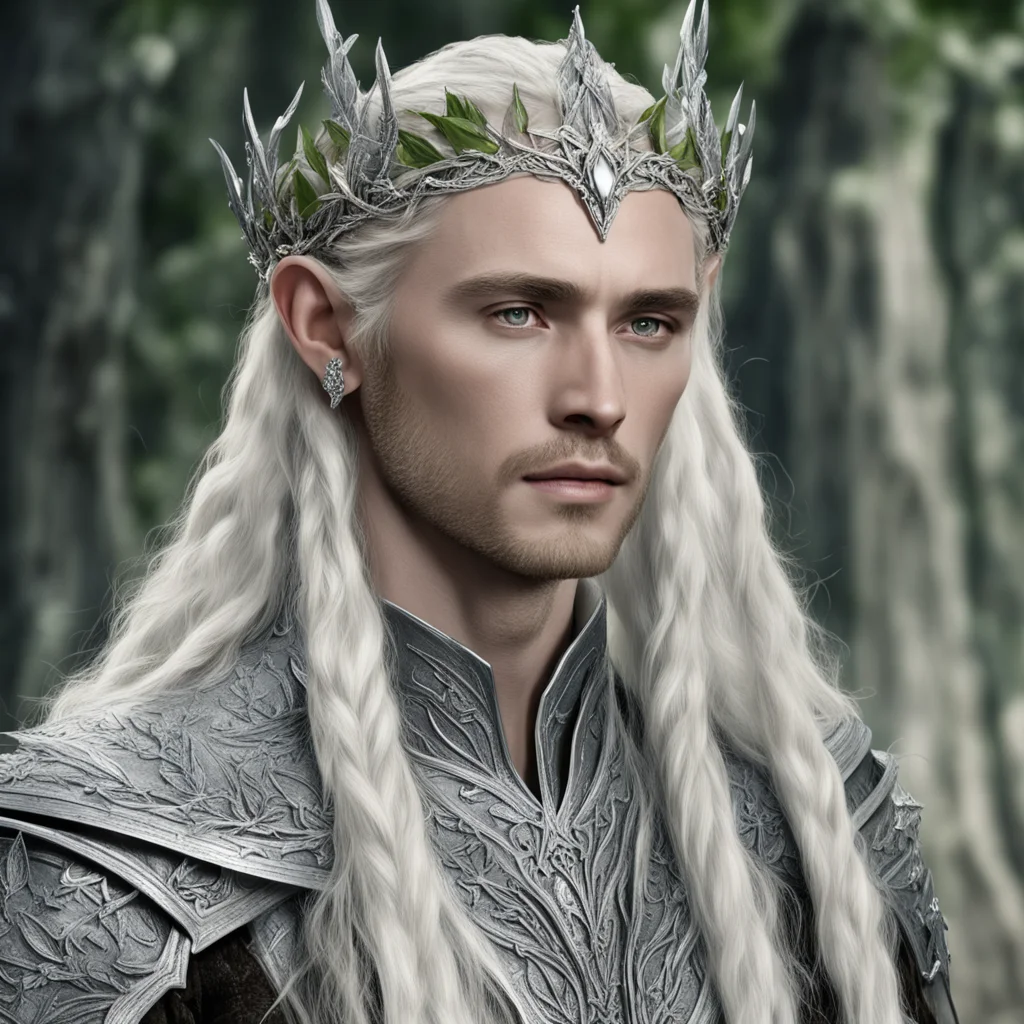 king thranduil with blond hair and braids wearing silver elvish coronet with silver olive leaves encrusted with diamonds with large center diamond amazing awesome portrait 2