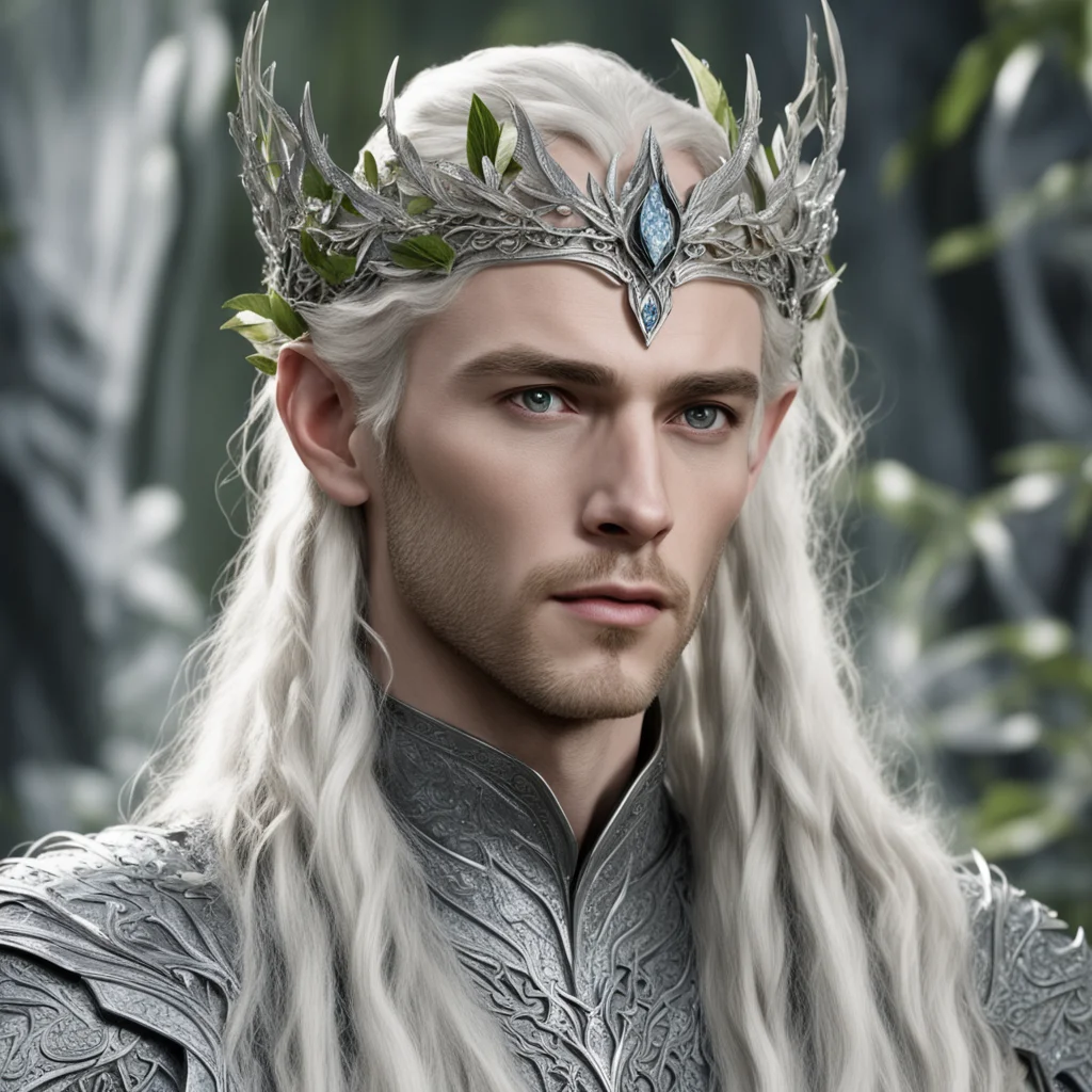 king thranduil with blond hair and braids wearing silver elvish coronet with silver olive leaves encrusted with diamonds with large center diamond confident engaging wow artstation art 3
