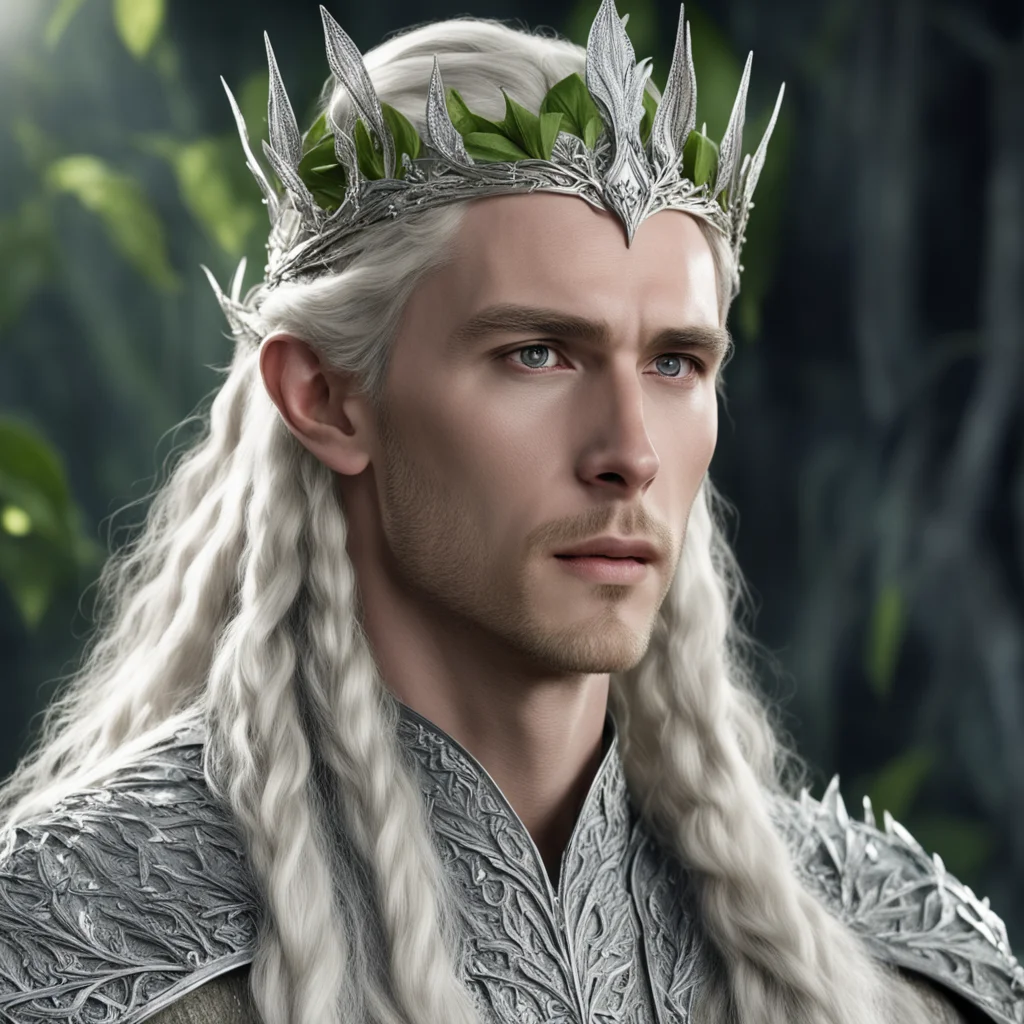 king thranduil with blond hair and braids wearing silver elvish coronet with silver olive leaves encrusted with diamonds with large center diamond good looking trending fantastic 1