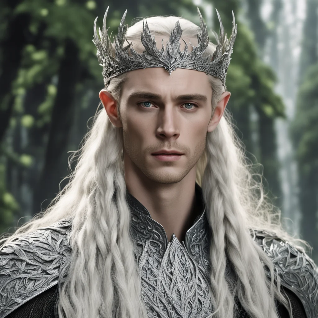 king thranduil with blond hair and braids wearing silver elvish coronet with silver olive leaves encrusted with diamonds with large center diamond