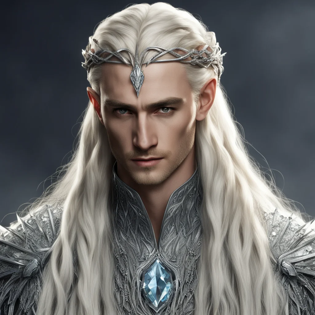 king thranduil with blond hair and braids wearing silver elvish forks with large diamonds and silver strings of diamonds in the hair amazing awesome portrait 2