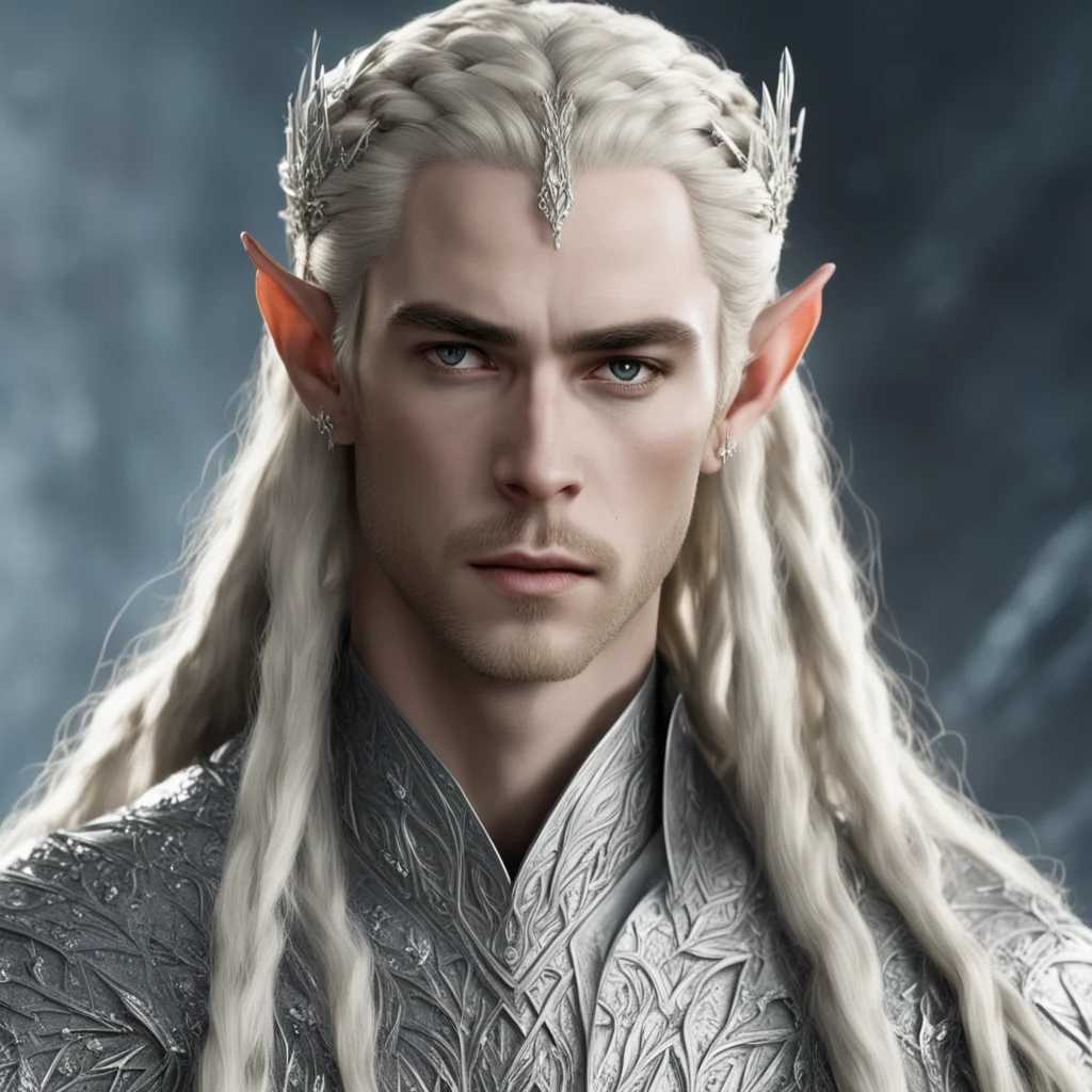 king thranduil with blond hair and braids wearing silver elvish forks with large diamonds and silver strings of diamonds in the hair confident engaging wow artstation art 3