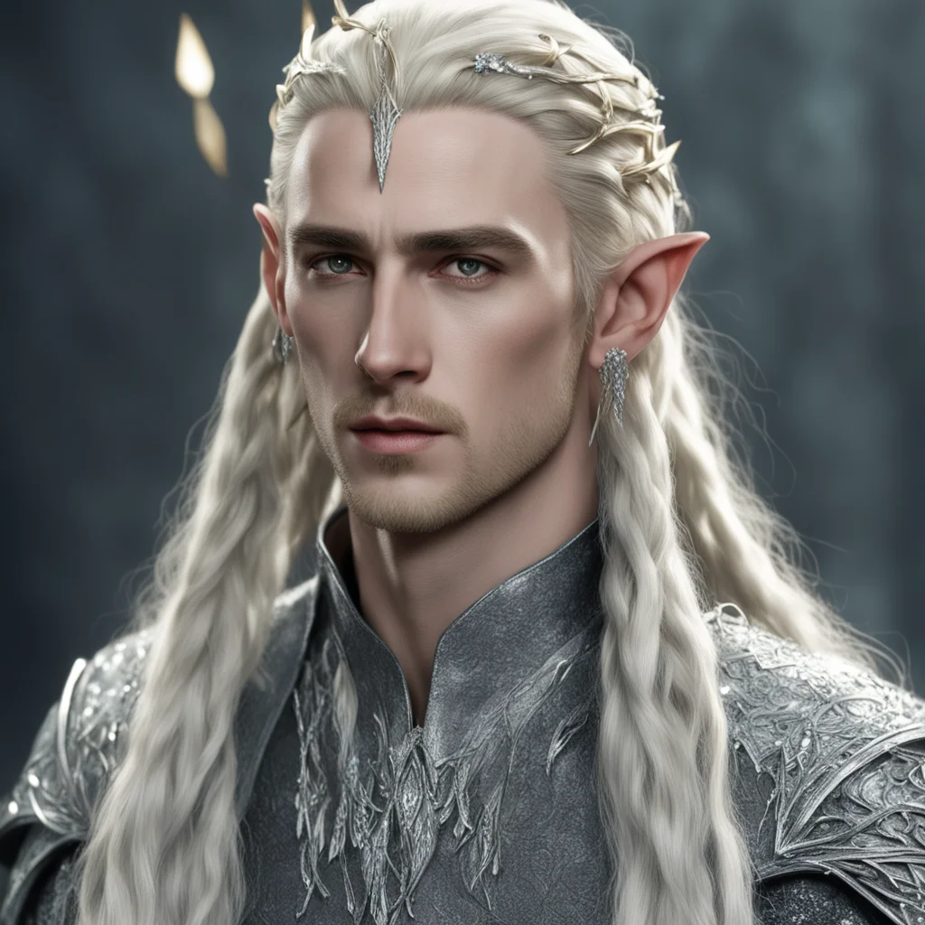 king thranduil with blond hair and braids wearing silver elvish forks with large diamonds and silver strings of diamonds in the hair
