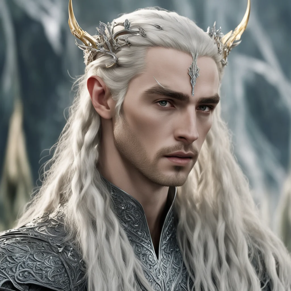 king thranduil with blond hair and braids wearing silver elvish hair fork encrusted with diamonds amazing awesome portrait 2