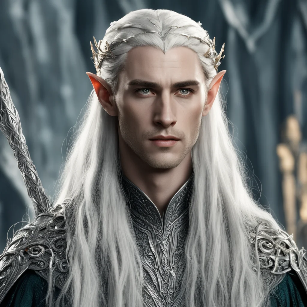 king thranduil with blond hair and braids wearing silver elvish hair fork encrusted with diamonds confident engaging wow artstation art 3