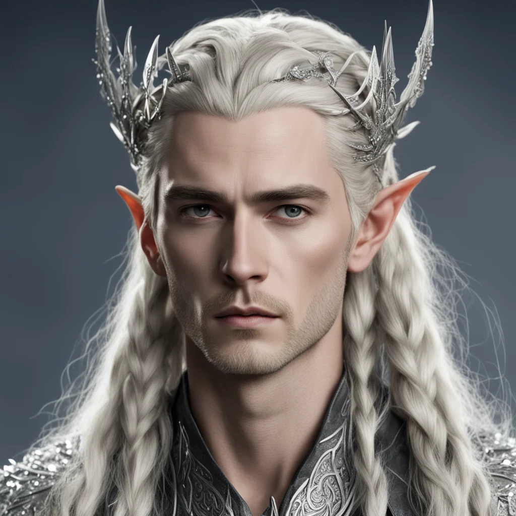 king thranduil with blond hair and braids wearing silver elvish hair fork encrusted with diamonds