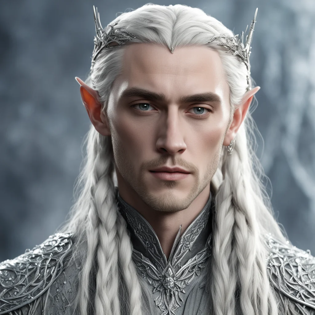 king thranduil with blond hair and braids wearing silver elvish hair fork with silver elvish hair pins in the braid encrusted with diamonds amazing awesome portrait 2