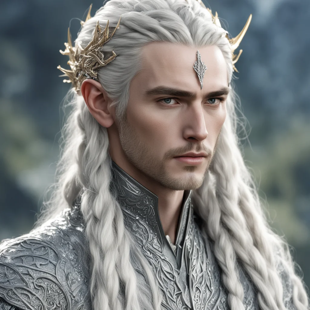 king thranduil with blond hair and braids wearing silver elvish hair fork with silver elvish hair pins in the braid encrusted with diamonds confident engaging wow artstation art 3