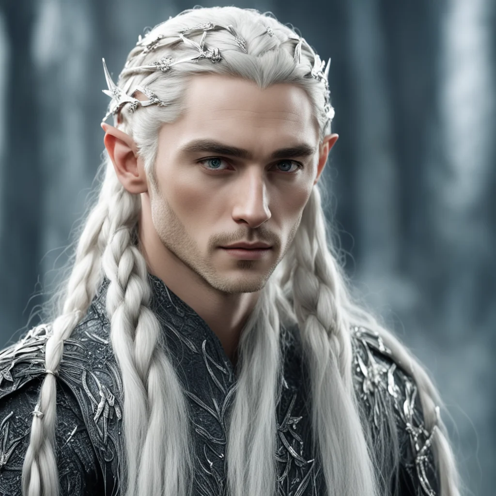 king thranduil with blond hair and braids wearing silver elvish hair fork with silver elvish hair pins in the braid encrusted with diamonds good looking trending fantastic 1