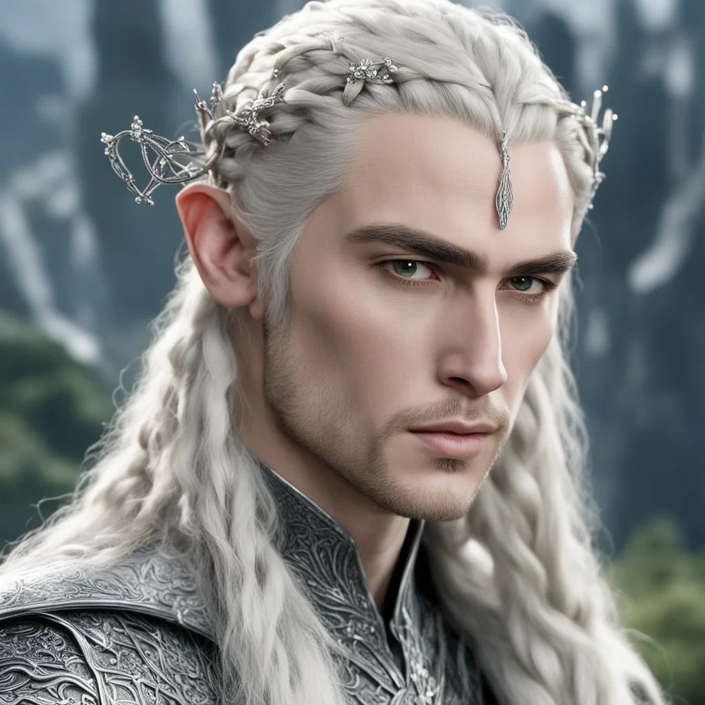 king thranduil with blond hair and braids wearing silver elvish hair fork with silver elvish hair pins in the braid encrusted with diamonds