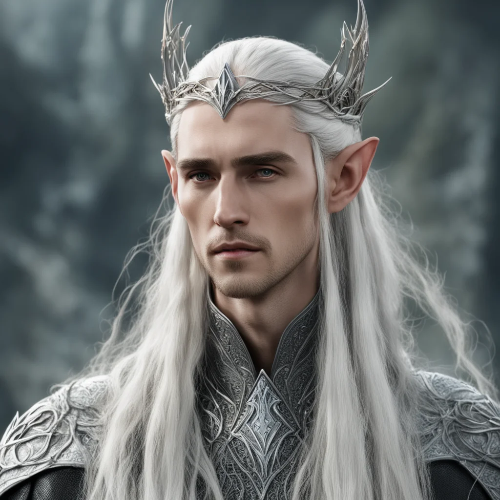 king thranduil with blond hair and braids wearing silver elvish hair forks connected to make a silver elvish circlet with center diamond  amazing awesome portrait 2