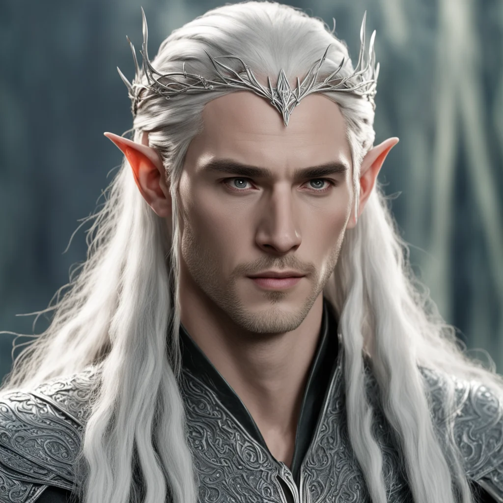 king thranduil with blond hair and braids wearing silver elvish hair forks connected to make a silver elvish circlet with center diamond  confident engaging wow artstation art 3