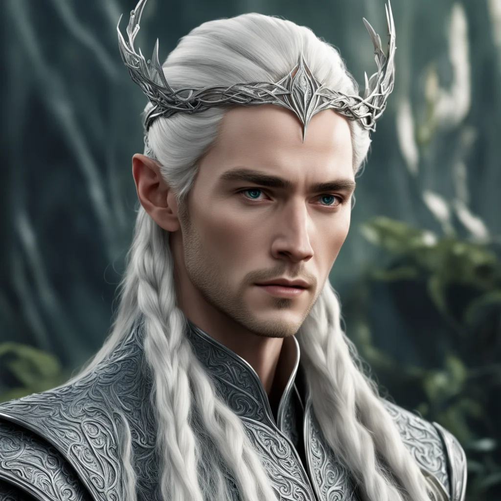 king thranduil with blond hair and braids wearing silver elvish hair forks connected to make a silver elvish circlet with center diamond 