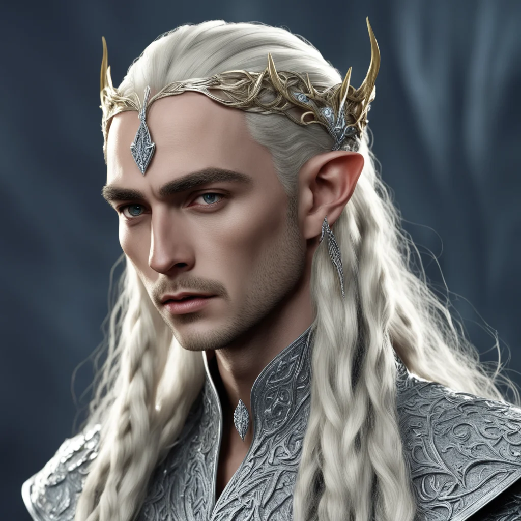 king thranduil with blond hair and braids wearing silver elvish hair forks encrusted with diamonds with forehead diamond pendant  amazing awesome portrait 2