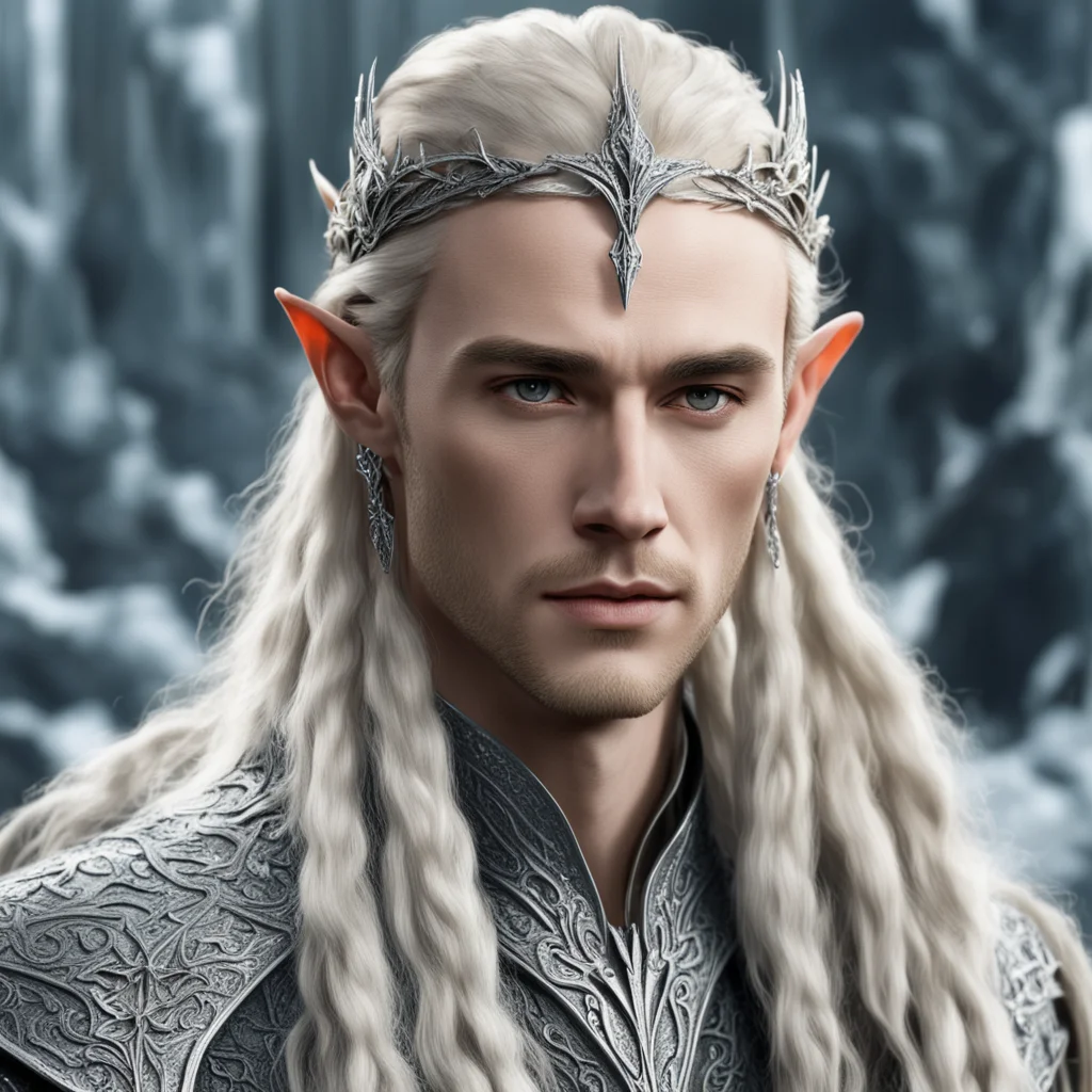 king thranduil with blond hair and braids wearing silver elvish hair forks encrusted with diamonds with forehead diamond pendant  good looking trending fantastic 1