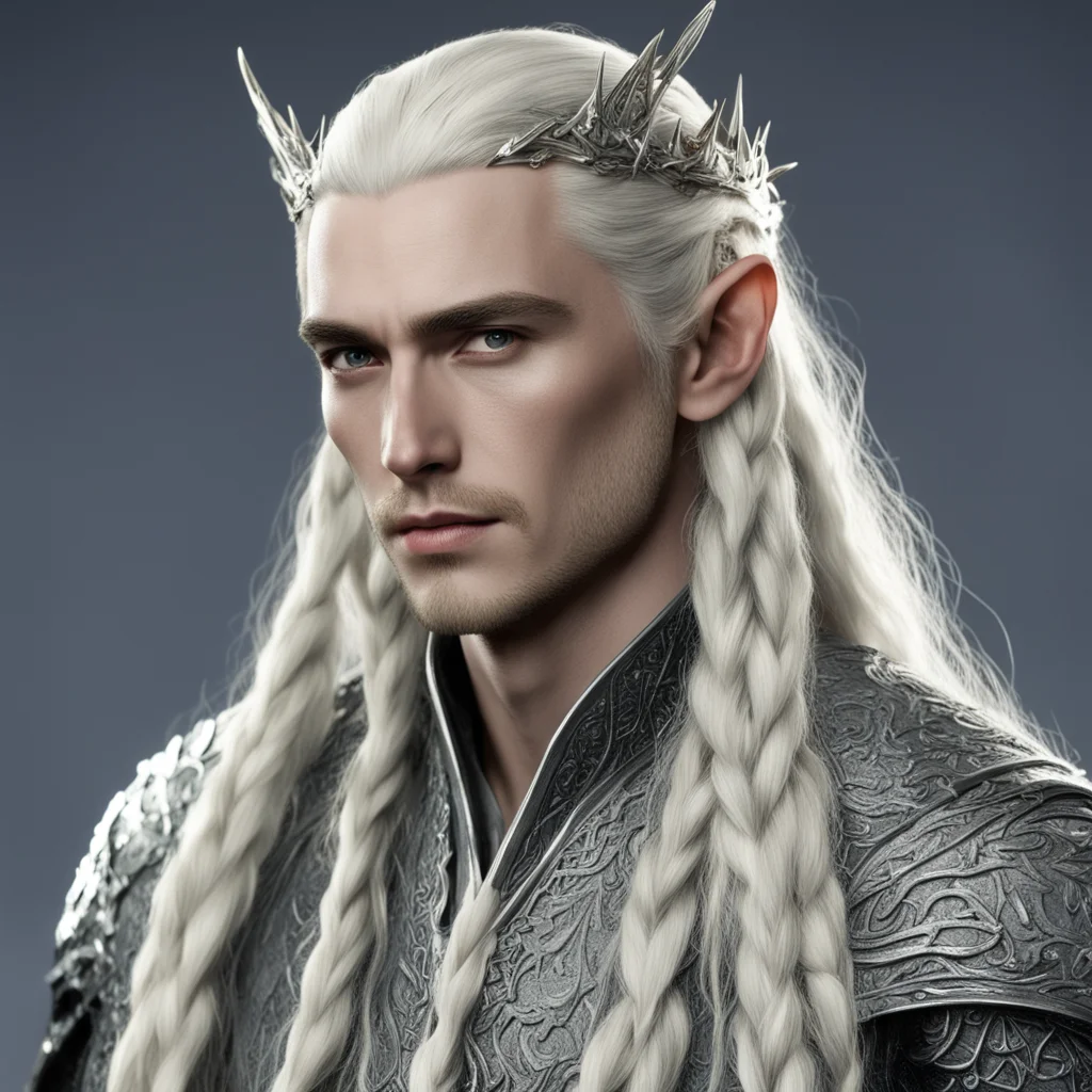 king thranduil with blond hair and braids wearing silver elvish hair forks studded with diamonds confident engaging wow artstation art 3