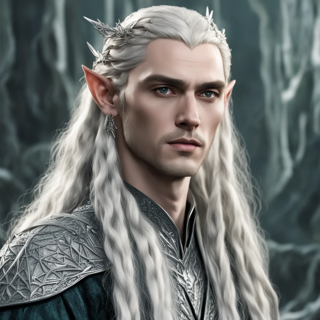 king thranduil with blond hair and braids wearing silver elvish hair forks with large dimonds and silver elvish hair pins with diamonds confident engaging wow artstation art 3
