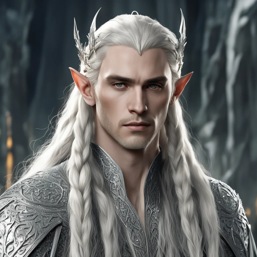 king thranduil with blond hair and braids wearing silver elvish hair forks with large dimonds and silver elvish hair pins with diamonds good looking trending fantastic 1
