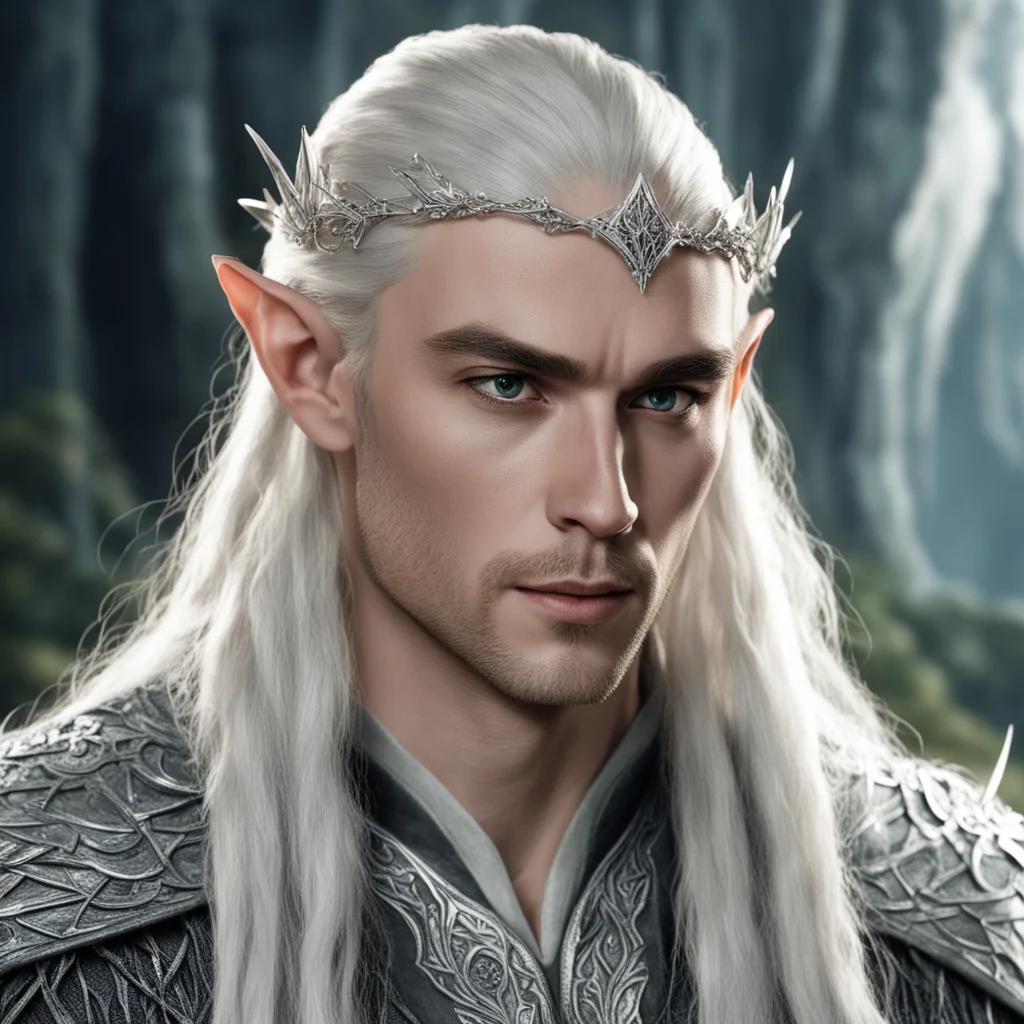 king thranduil with blond hair and braids wearing silver elvish hair forks with large dimonds and silver elvish hair pins with diamonds