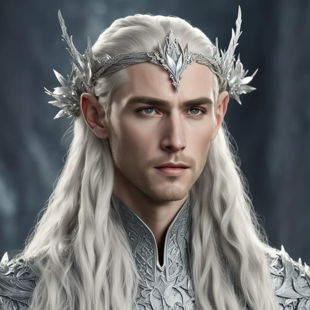 king thranduil with blond hair and braids wearing silver elvish hair pins wearing silver flower silver elvish circlet encrusted with diamonds with large center diamond