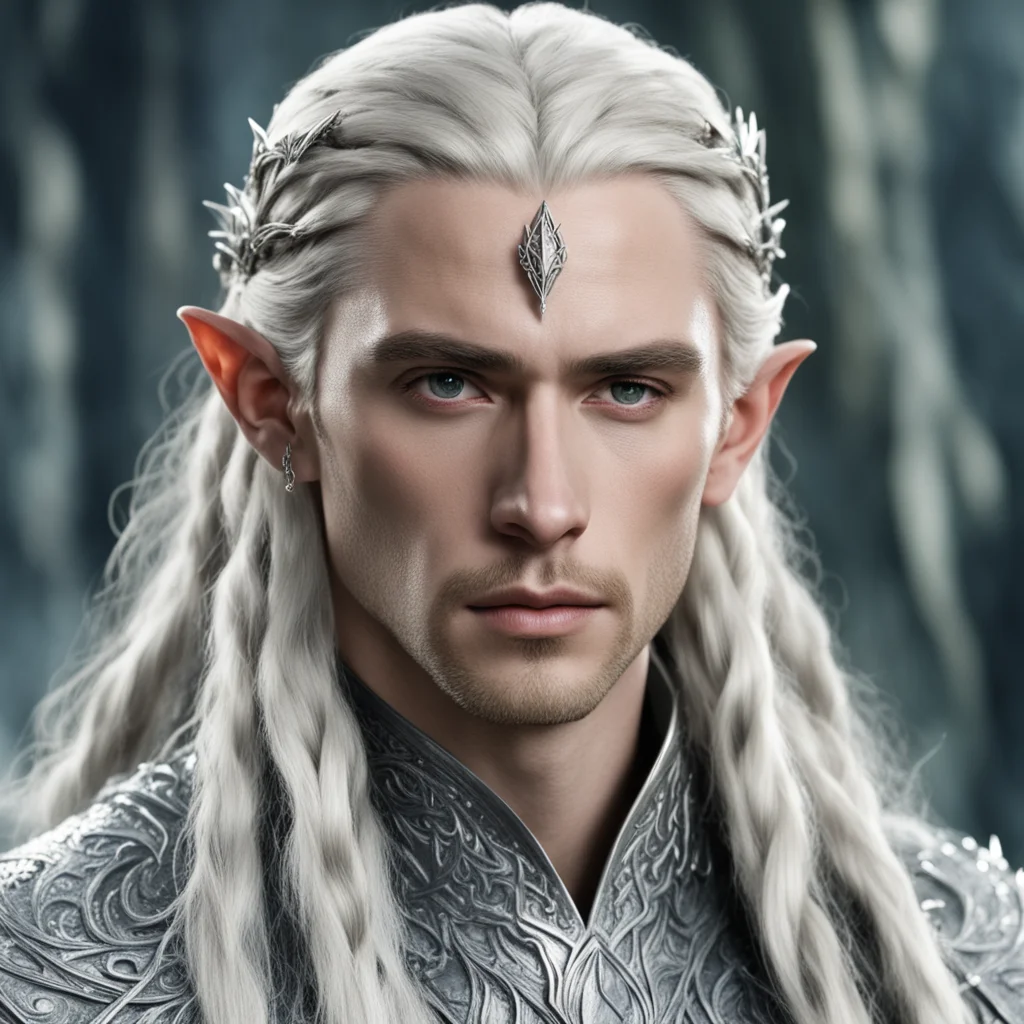 king thranduil with blond hair and braids wearing silver elvish hair pins with diamonds and silver elvish circlet with large center diamond  confident engaging wow artstation art 3