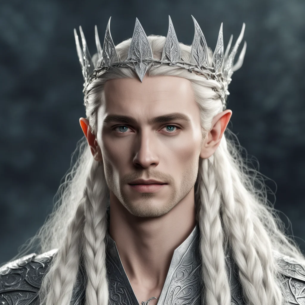king thranduil with blond hair and braids wearing silver elvish hair pins with diamonds and silver elvish circlet with large center diamond  good looking trending fantastic 1