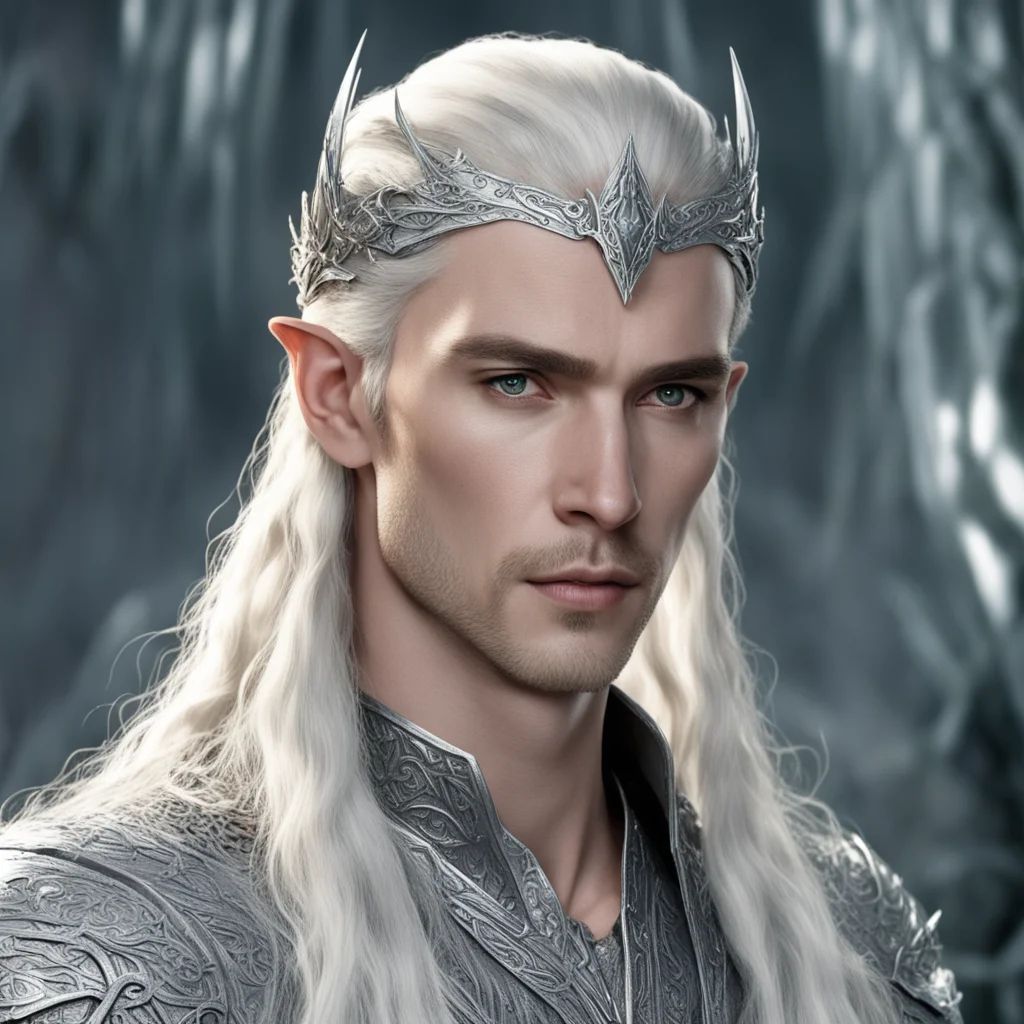 king thranduil with blond hair and braids wearing silver elvish hair pins with diamonds and silver elvish circlet with large center diamond 