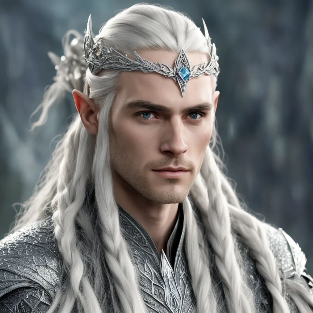 king thranduil with blond hair and braids wearing silver elvish hair pins with large diamonds and small silver sindarin elvish circlet with center diamond  amazing awesome portrait 2