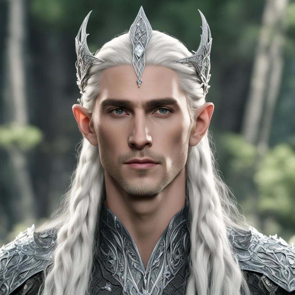 king thranduil with blond hair and braids wearing silver elvish hair pins with large diamonds and small silver sindarin elvish circlet with center diamond  good looking trending fantastic 1