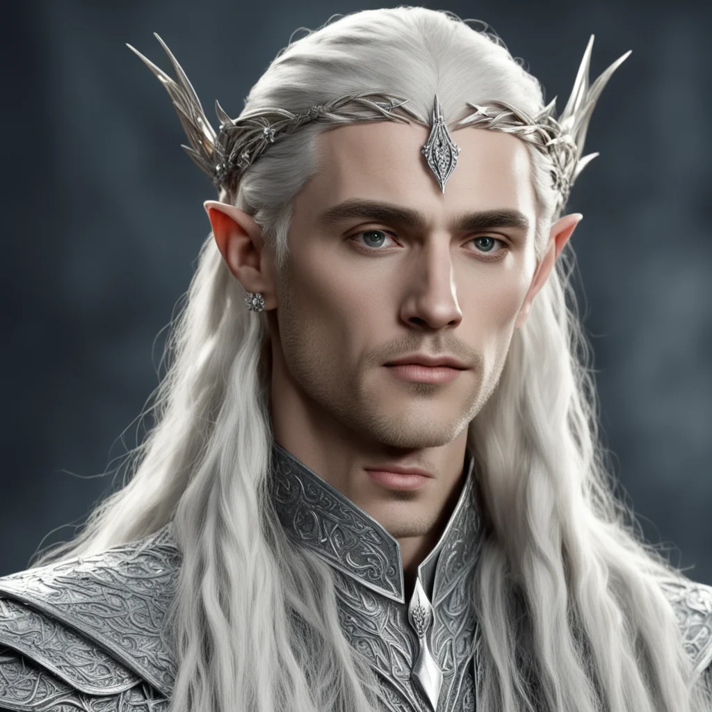 king thranduil with blond hair and braids wearing silver elvish hair pins with large diamonds and small silver sindarin elvish circlet with center diamond 