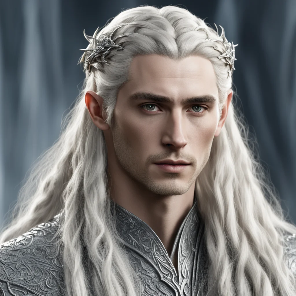 king thranduil with blond hair and braids wearing silver elvish hair pins with silver strings of diamond in the hair