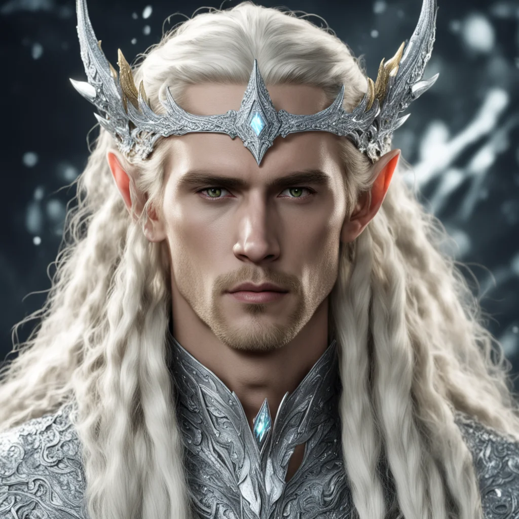 king thranduil with blond hair and braids wearing silver fiery dragon elvish circlet heavily encrusted with large diamonds with large diamond at the center