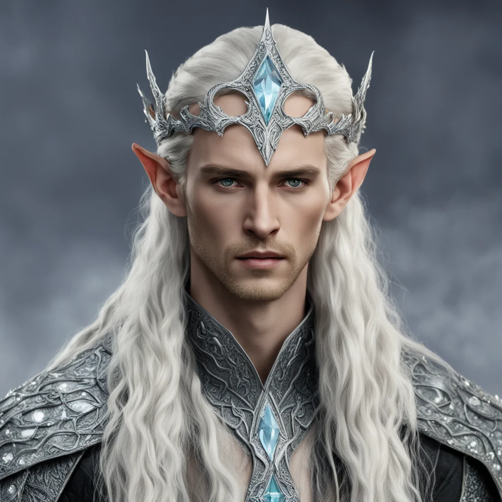 king thranduil with blond hair and braids wearing silver fiery serpent silver elvish circlet encrusted with diamonds with large center diamond confident engaging wow artstation art 3