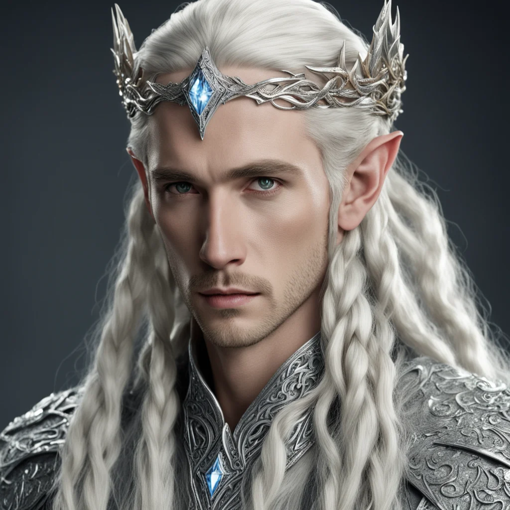 king thranduil with blond hair and braids wearing silver fiery serpent silver elvish circlet encrusted with diamonds with large center diamond good looking trending fantastic 1