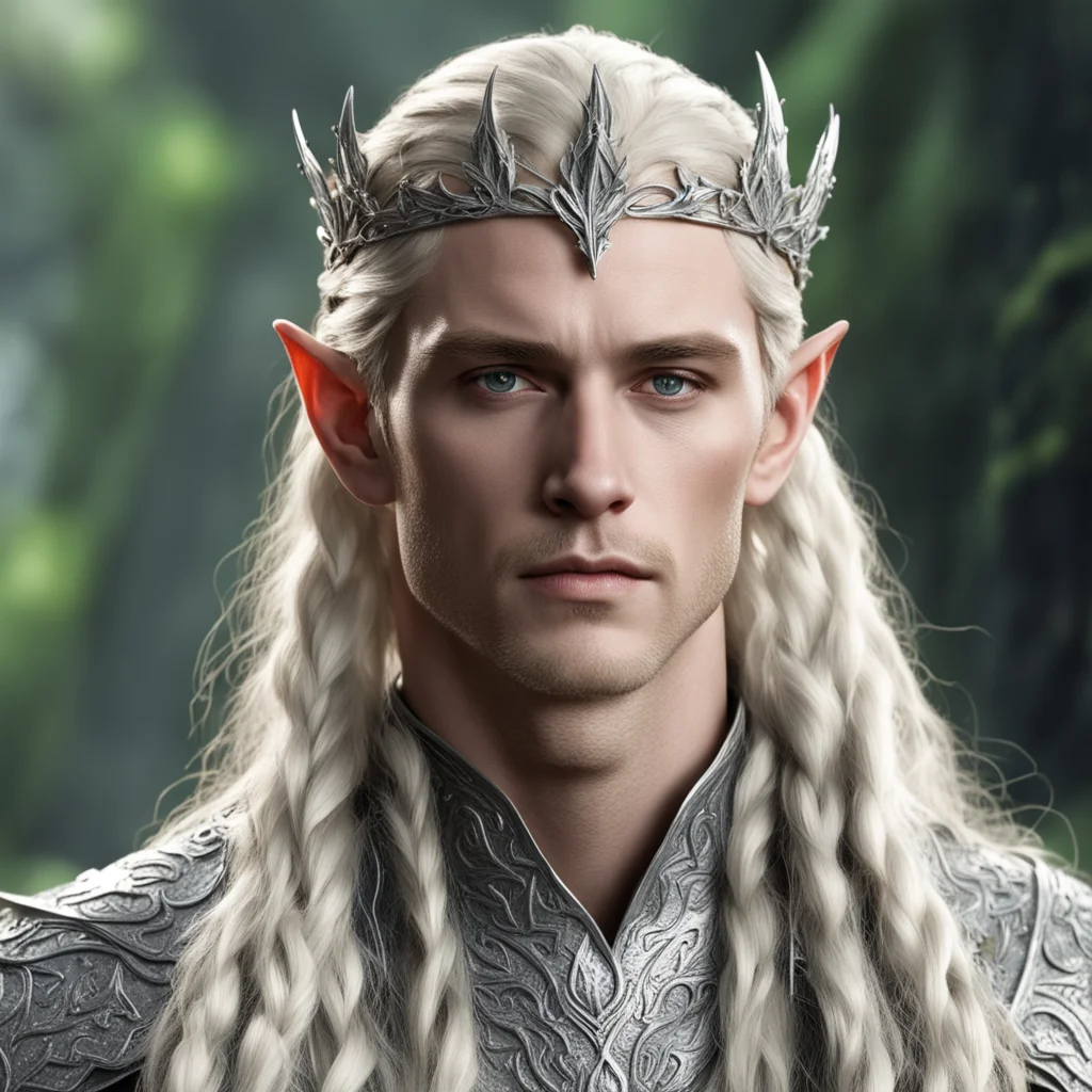 king thranduil with blond hair and braids wearing silver fig leaf elvish circlet encrusted with diamonds  confident engaging wow artstation art 3
